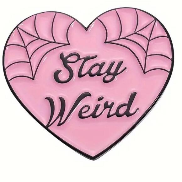 Kawaii Pink Black Spiderweb Heart "Stay Weird" Backpack Tote Bag Denim - Picture 1 of 3